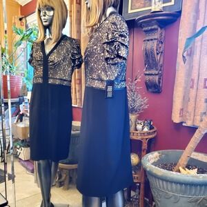 Etcetera Dress Size 12 NWT Black Gold Lace Sheath V-Neck Party, Evening Wear VTG